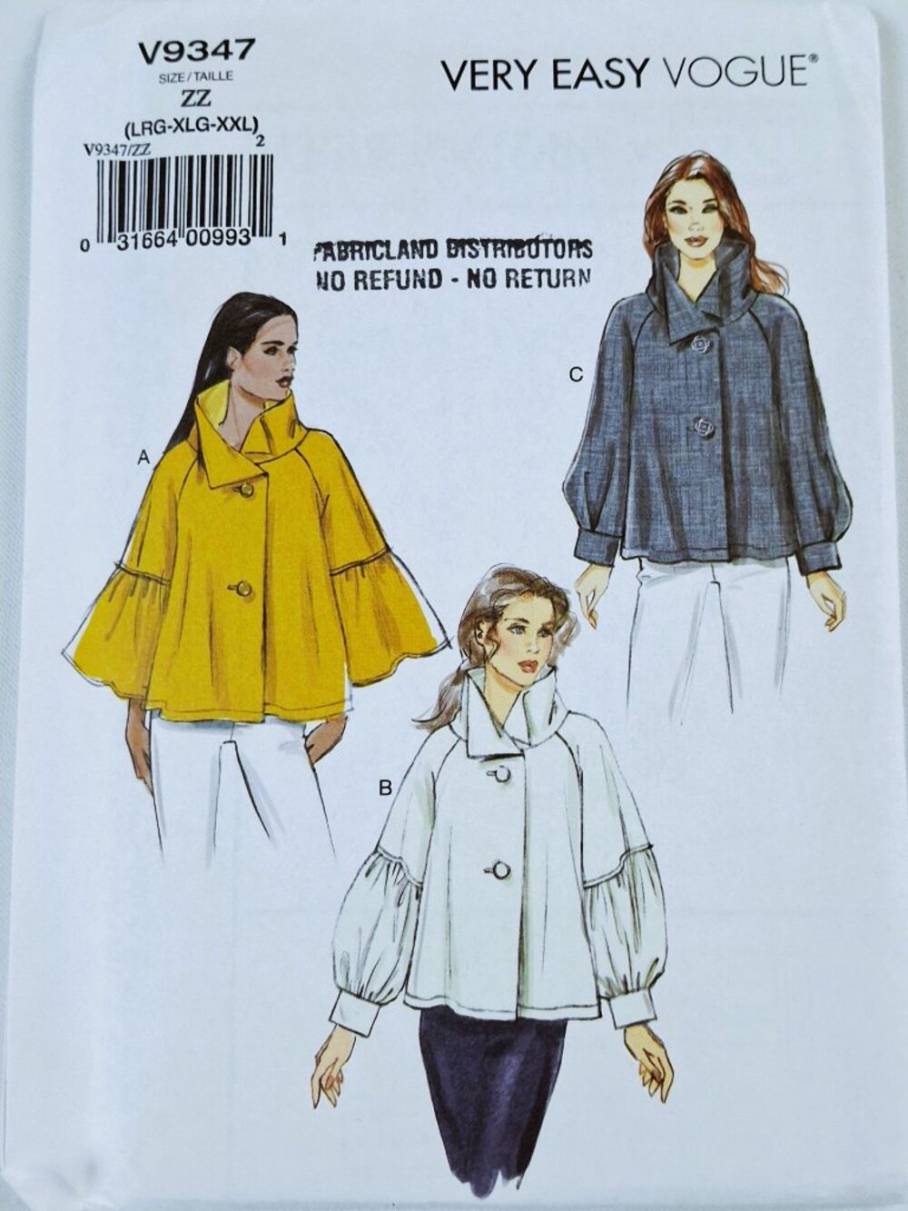 Vogue 9347 Sz L-XXL Funnel Neck Top Blouse Flared / Puff Sleeves Pattern Uncut